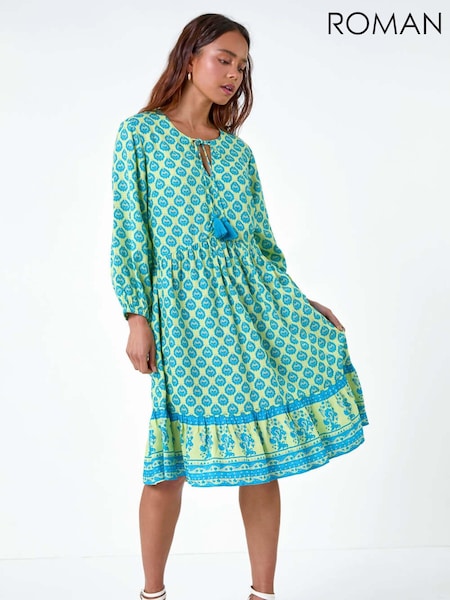 Roman Border Print Tassel Smock Dress (E85388) | 219 LEI