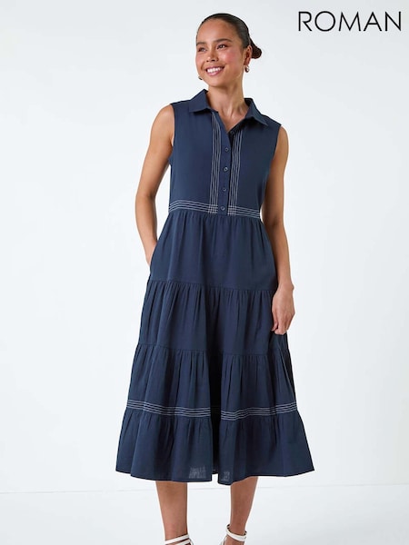 Roman Blue 100% Cotton Pocket Tiered Midi Dress (E85389) | €58