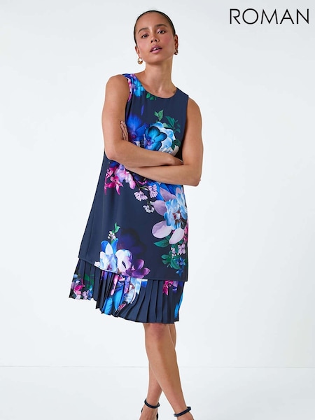 Roman Blue Floral Print Pleated Hem Shift Dress (E85393) | €47