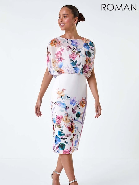 Roman White Floral Chiffon Blouson Overlay Dress (E85404) | R$ 725