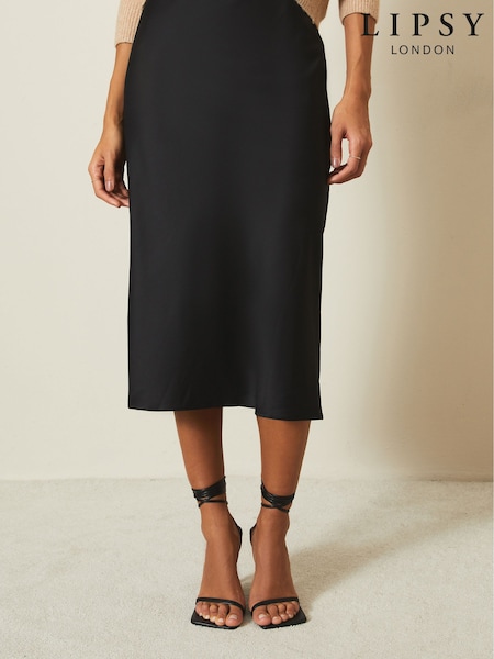 Lipsy Black 2 Satin Bias Cut Midi Skirt (E85415) | €20.50