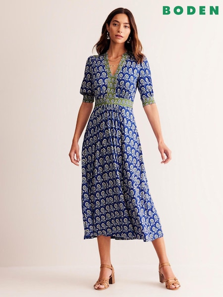 Boden Blue Lily Hotched Jersey Midi Dress (E85431) | €89