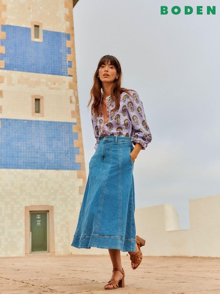 Boden Panelled Full 100% Cotton Denim Skirt (E85607) | ‏553‏₪
