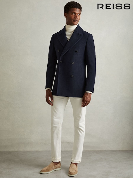 Reiss Navy Herringbone Bergamo Wool Blend Double Breasted Peacoat (E85652) | €476