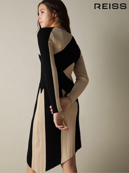 Reiss Black/Ecru Jem 9-13 yrs Knitted Colourblock Asymmetric Dress (E85657) | AED547