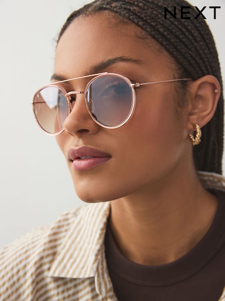 Metallisk - Tone Round Aviator Style Sunglasses (E85750) | kr240
