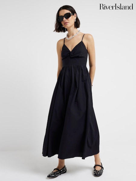River Island Black 100% Cotton Twist Front Skater Midi Dress (E85899) | €27