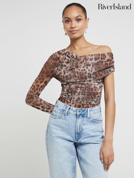 River Island Brown Leopard Print Mesh Asymmetric Bodies (E85909) | €24