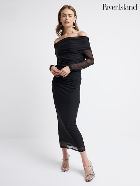 Negru - Rochie midi River Island Bardot din plasă (E85912) | 167 LEI