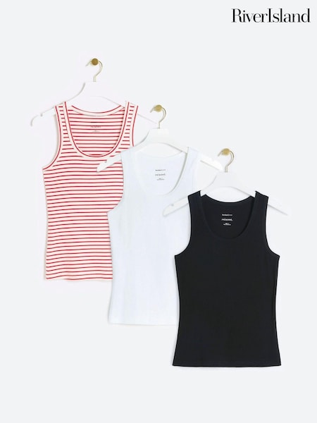River Island White Black and Stripe Scoop Neck Vests 3 Pack (E85919) | kr428
