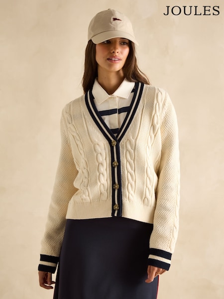 Joules Centre Court Cream Cotton Cable Knit Cardigan (E85932) | R$ 640