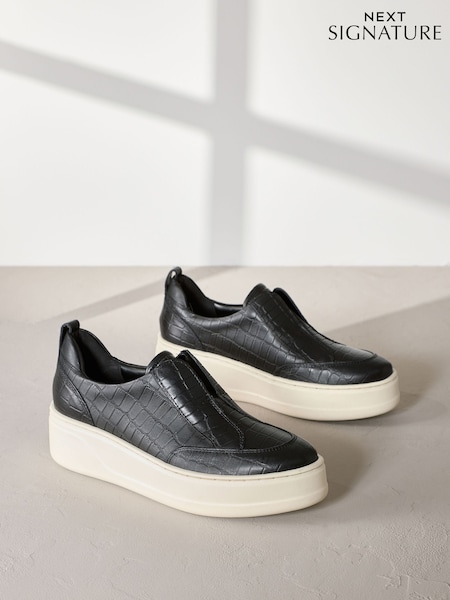 Black Croc Slip On Signature Forever Comfort® Leather Chunky Wedge Platform Trainers (E85990) | ₪174