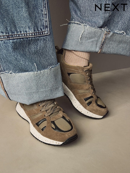 Khaki Green Standard Fit Forever Comfort® Leather Suede Panel Detail Chunky Trainers (E85995) | €50