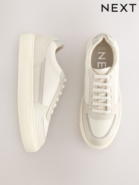 לבן - Forever Comfort® Leather Chunky Panel Detail Lace Up Trainers (E85999) | ‏167‏₪