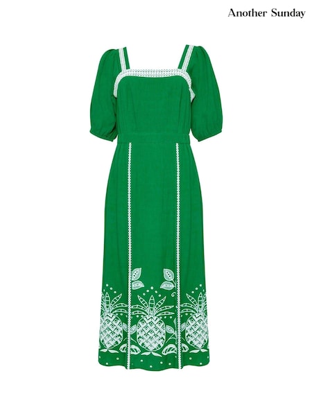 Another Sunday Green Puff Sleeve 100% Cotton Midi Dress With Embroidered Detail (E86025) | €43