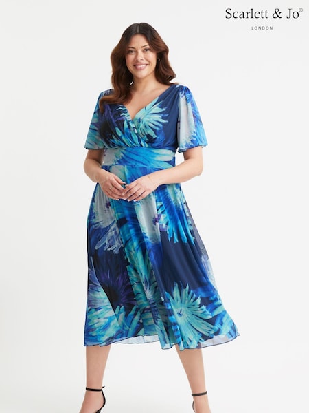 Scarlett & Jo Blue Victoria Angel Sleeve Mesh Midi Long Dress (E86029) | €58