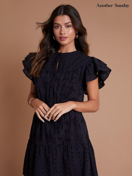 Another Sunday Frill Sleeve 100% Cotton Mix Broderie Black Dress (E86030) | 37 €