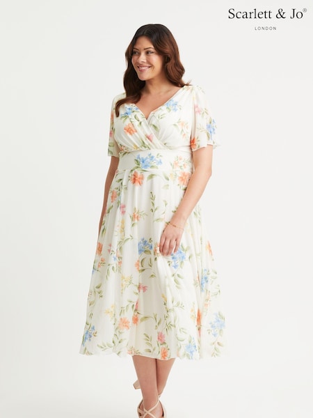 Cream - Rochie midi lungă din plasă cu mânecă tip înger Scarlett & Jo Victoria (E86032) | 304 LEI