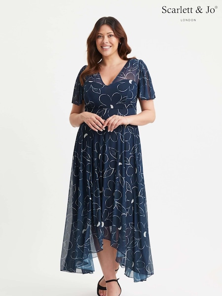Scarlett & Jo Blue Tilly Print Angel Sleeve Sweetheart Dress (E86038) | €114