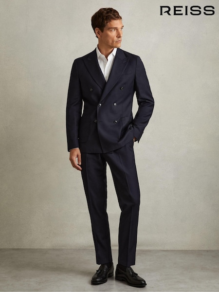 Reiss Navy Combo Wool-Blend Flannel Suit Trousers (E86174) | AED1,210
