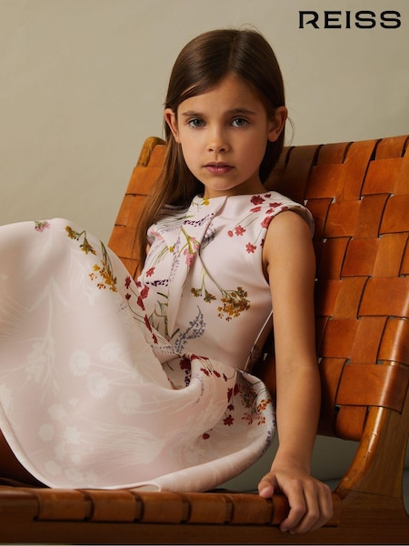 Reiss Pink Print Rhiane 9-13 yrs Floral Print Scuba Pleated Dress (E86176) | 441 QAR