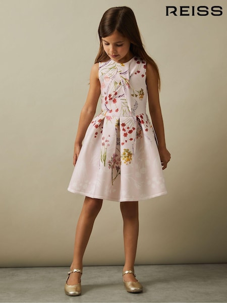 Reiss Pink Print Rhiane 4-9 yrs Floral Print Scuba Pleated Dress (E86182) | 404 QAR