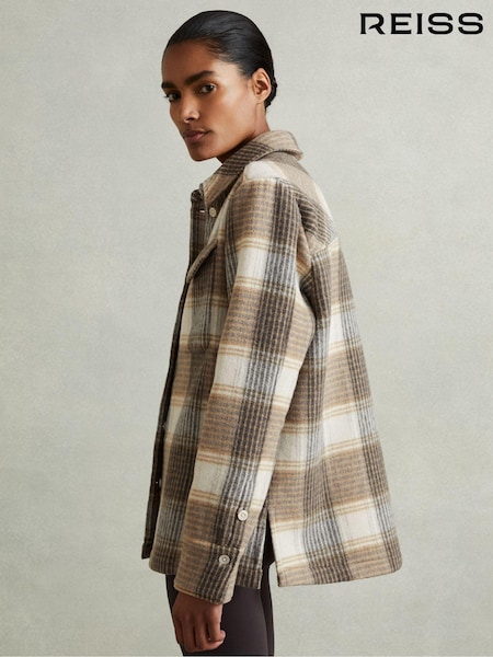 Reiss Neutral Phoebe Wool Blend Checked Shacket (E86184) | AED1,714