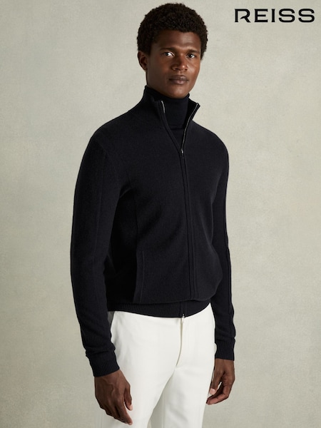 Reiss Navy Splint Wool-Cashmere Zip-Through Funnel-Neck Cardigan (E86185) | AED994
