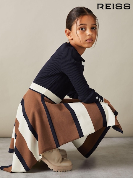 Reiss Navy Rachel 9-13 yrs Knitted Colourblock Asymmetric Dress (E86187) | 544 QAR