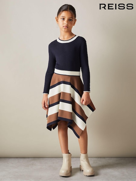 Reiss Navy Rachel 4-9 yrs Knitted Colourblock Asymmetric Dress (E86192) | €104
