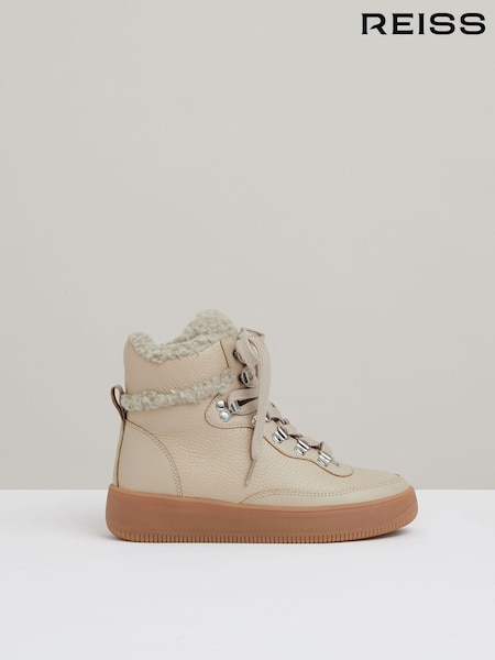 Reiss Cream Siarah Grained Leather and Fleece Ankle Boots (E86299) | AED1,426