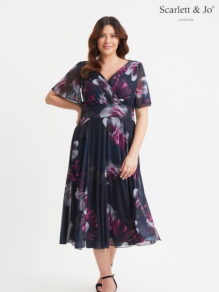 Scarlett & Jo Dark Black Victoria Angel Sleeve Mesh Midi long Dress (E86304) | $149