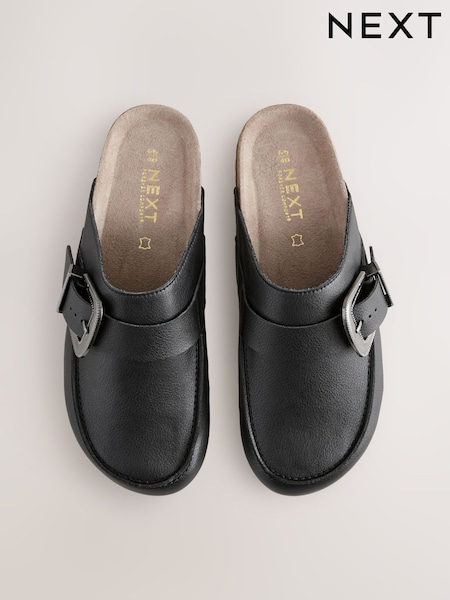 Black Standard Fit Forever Comfort® Leather Buckle Foodbed Clogs (E86352) | €47