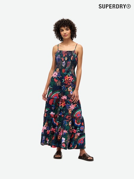 Superdry Blue 100% Cotton Smocked Cami Maxi Dress (E86370) | €50