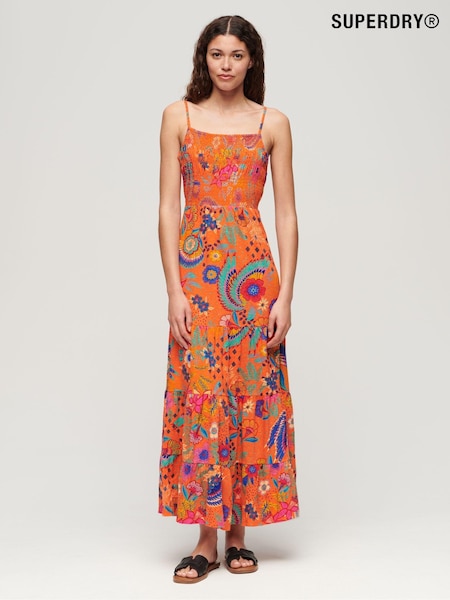 Superdry Orange 100% Cotton Smocked Cami Maxi Dress (E86382) | €50