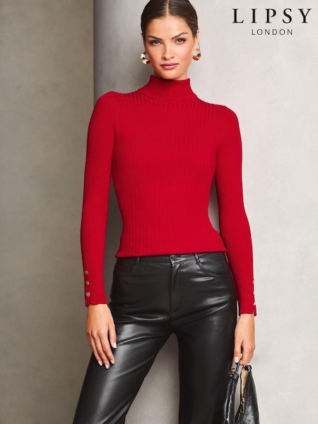 Punainen - Lipsy Roll Neck Button Detail Knitted Jumper (E86404) | €29