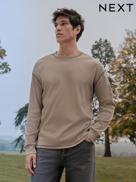 Neutral Stone Long Sleeve Ribbed Texture T-Shirt (E86464) | €10