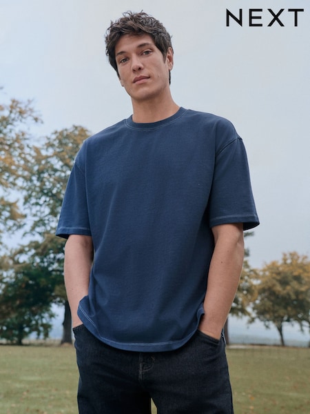 Navy Blue Contrast Stitch Regular Fit Heavyweight T-Shirt (E86465) | €18