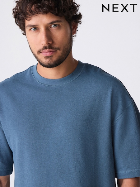 Blue Textured Relaxed Heavyweight 100% Cotton T-Shirt (E86472) | 89 QAR
