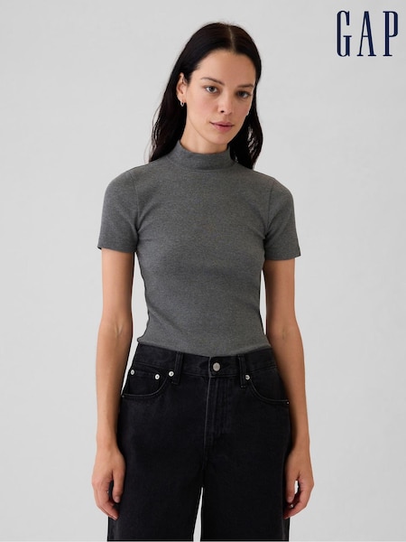 Gap Grey Modern Cotton-Modal Ribbed Mock Neck Short Sleeve T-Shirt (E86563) | €13.50