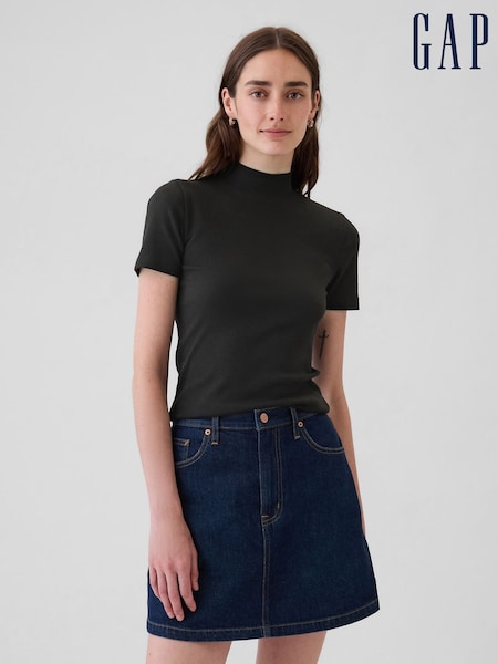 Черный - Gap Modern Cotton-Modal Ribbed Mock Neck Short Sleeve T-Shirt (E86567) | €26