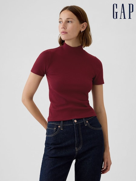 Gap Burgundy Red Modern Cotton-Modal Ribbed Mock Neck Short Sleeve T-Shirt (E86569) | €13.50