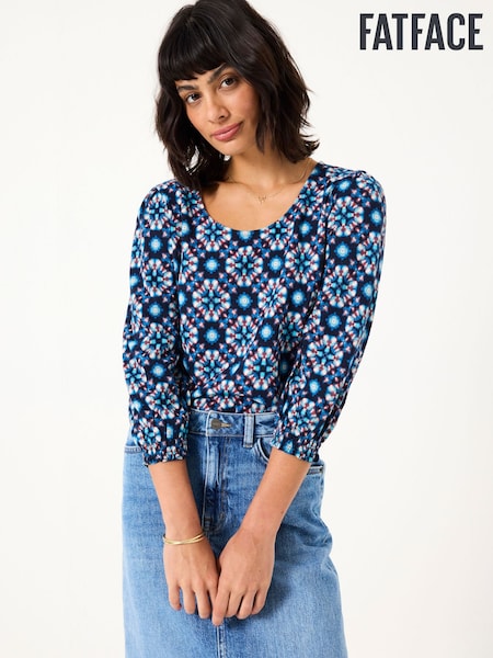 FatFace Polly Indigo Blue Batik Geo Top (E86591) | ₪176