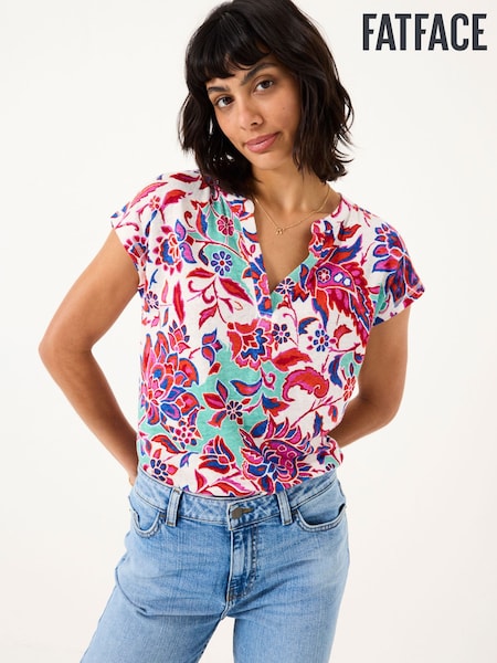 FatFace Ivory Festival Floral Linen Notch Neck Top (E86593) | €56