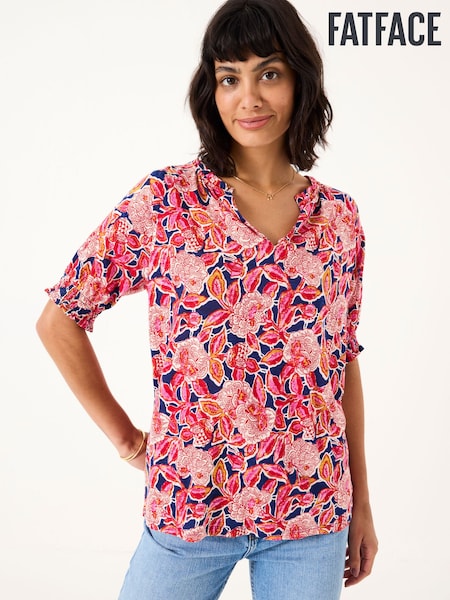 FatFace Florence Indigo Blue Batik Floral Short Sleeve Top (E86596) | R$ 345