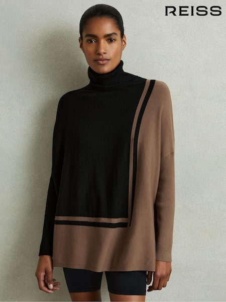 Negru/Vizon - Reiss Sophia Colourblock Roll Neck Split Hem Jumper (E86651) | 726 LEI
