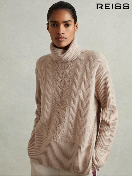 Reiss Mink Carina Wool-Cashmere Cable Knit Roll Neck Jumper (E86653) | €112