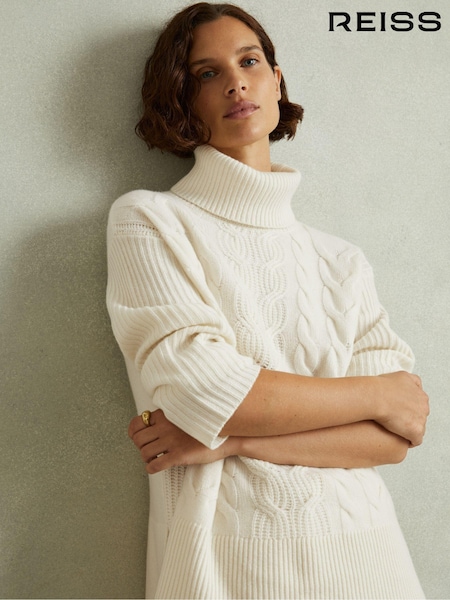 Reiss Cream Carina Wool-Cashmere Cable Knit Roll Neck Jumper (E86665) | €112