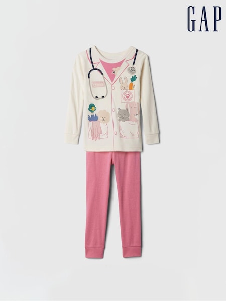 Gap White/Pink Vet Cotton Long Sleeve Pyjamas (6mths-5yrs) (E86726) | €9