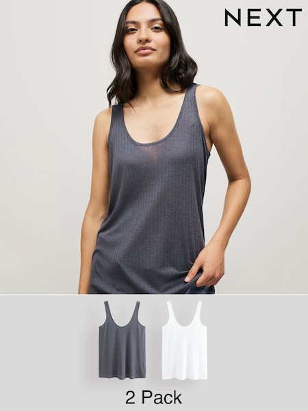 White/Steel Blue Strappy Scoop Neck Slouch Ribbed Vests 2 Pack (E86746) | 99 QAR